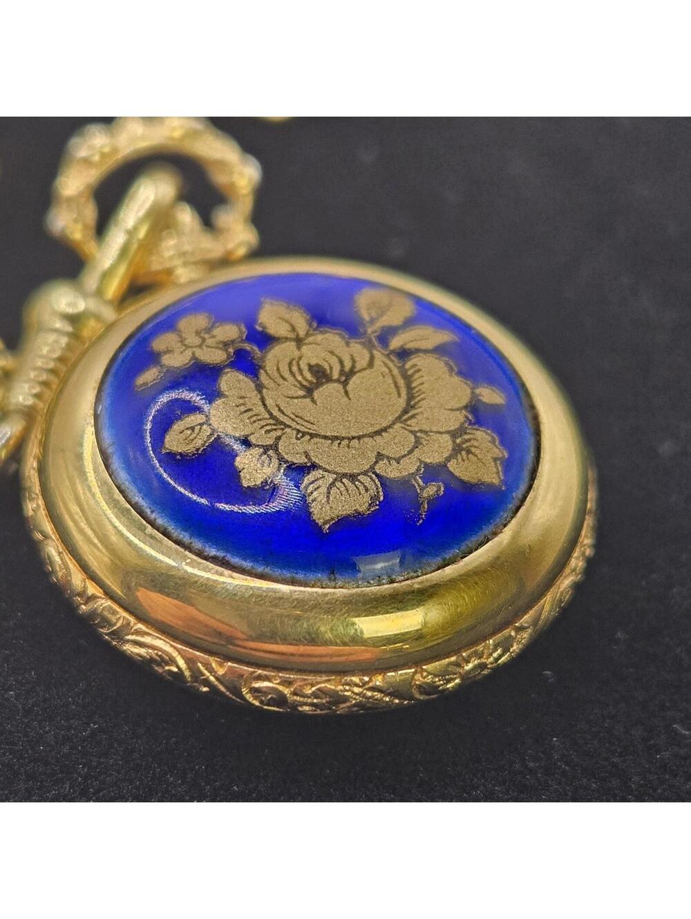 Bucherer Blue Gold Rose Flower Swiss Made "Americ Metall" Chain Watch Necklace